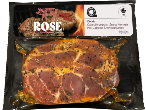 Steak de capicolle de porc 3 poivres ROSE, viande tendre marinée aux épices, prêt à cuire BBQ poêle ou four.